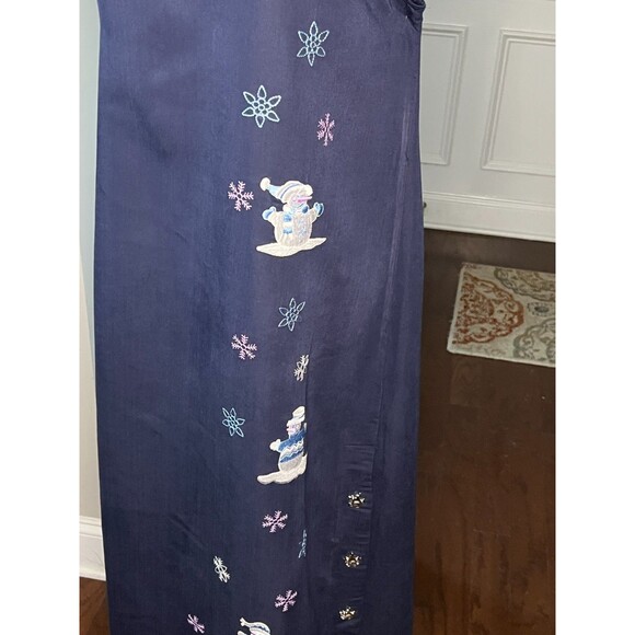 Fashion Classics Embroidered Snowman Christmas Maxi Dress Sz Large Navy Blue - Picture 9 of 10